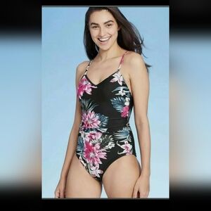 Kona Sol Black Floral One-Piece Swimsuit Pink Dahlias Print Strappy Back Sz XL